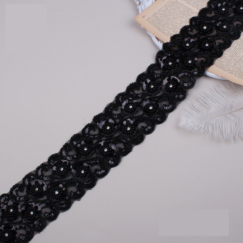 Wholesale 3d Polyester Beaded Sequin Trimming Flower Lace Trim Embroidery Beaded Sequined Lace Trim
