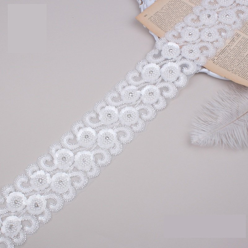 Wholesale 3d Polyester Beaded Sequin Trimming Flower Lace Trim Embroidery Beaded Sequined Lace Trim