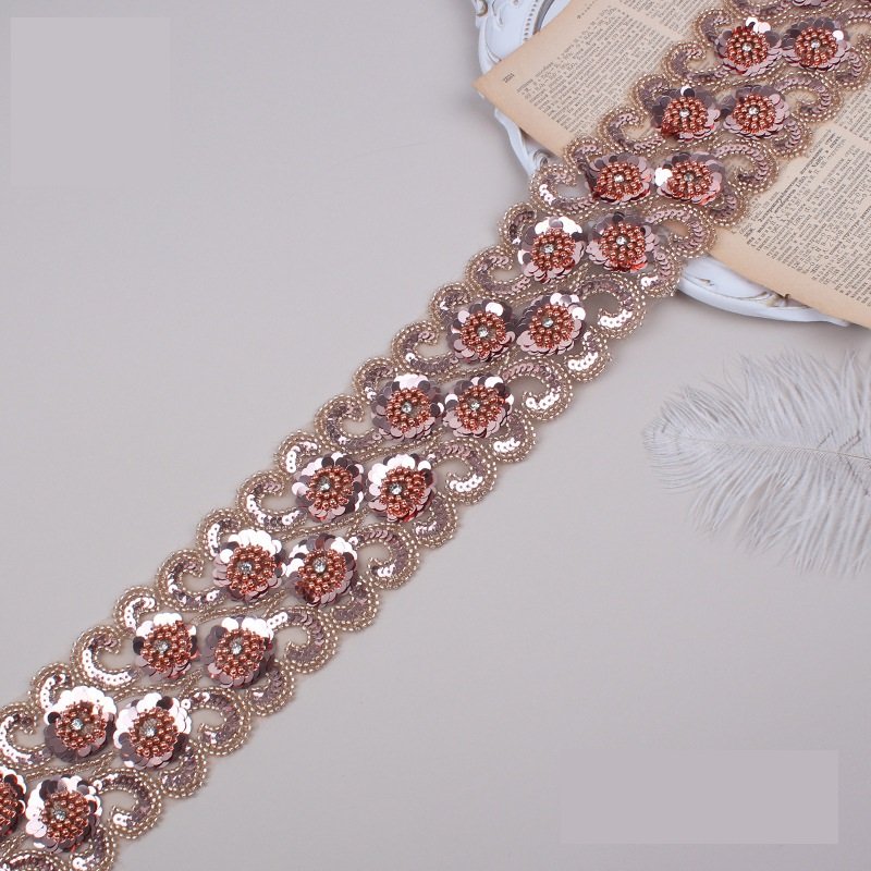 Wholesale 3d Polyester Beaded Sequin Trimming Flower Lace Trim Embroidery Beaded Sequined Lace Trim
