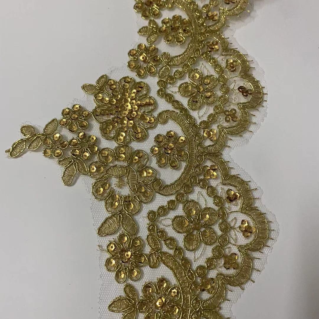 15cm Wide Gold Cording Embroidery Sequin Lace Trim for Wedding Dress