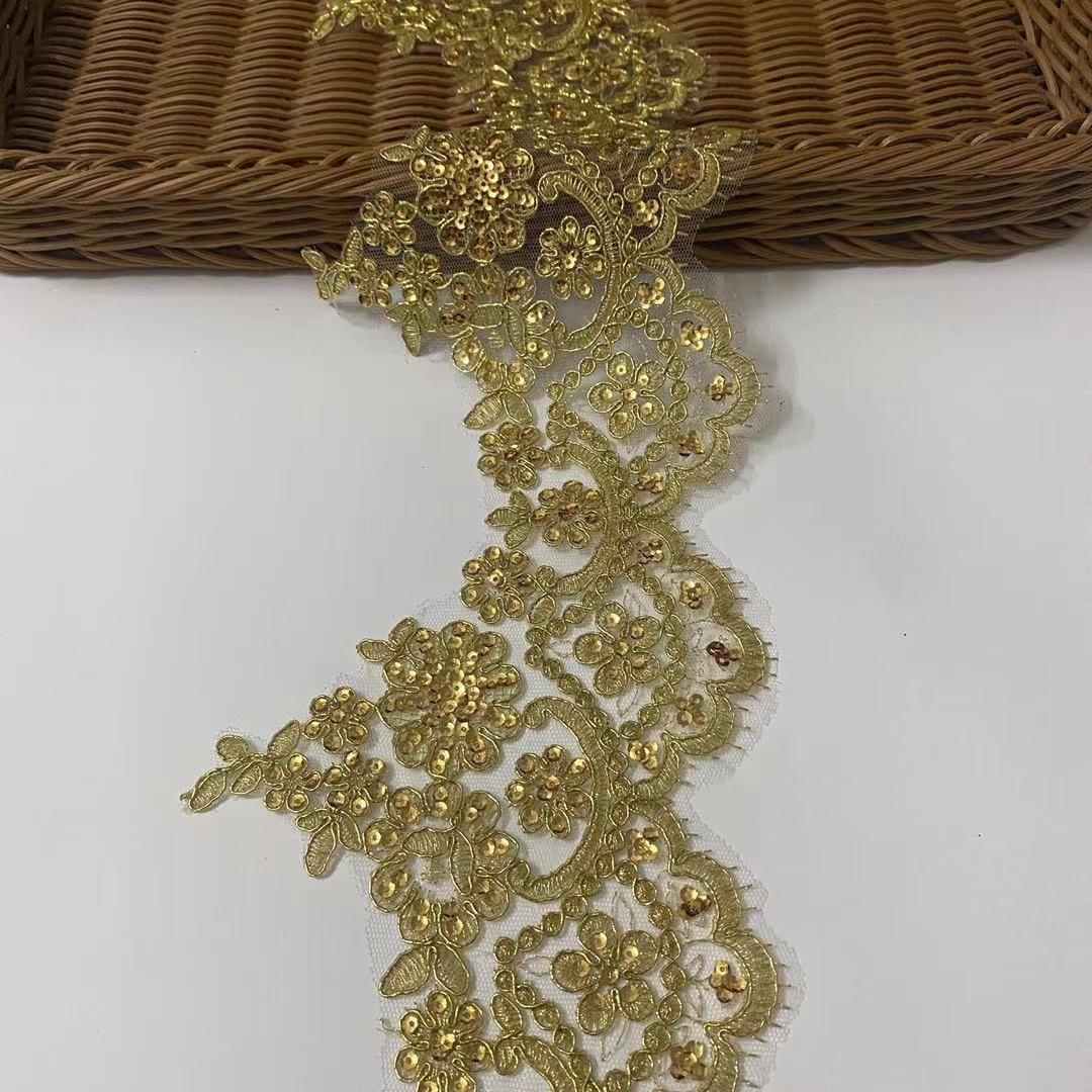 15cm Wide Gold Cording Embroidery Sequin Lace Trim for Wedding Dress