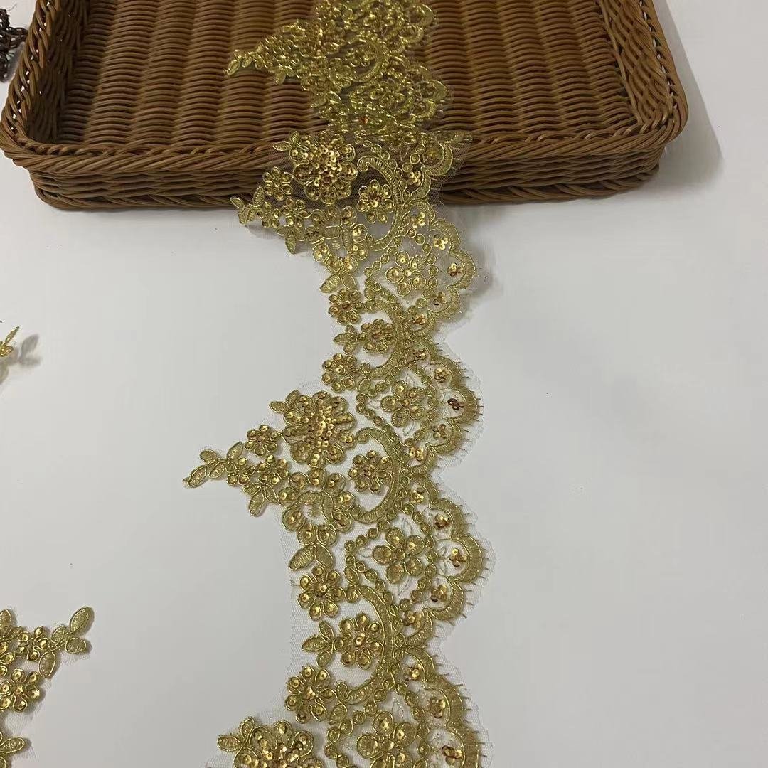 15cm Wide Gold Cording Embroidery Sequin Lace Trim for Wedding Dress