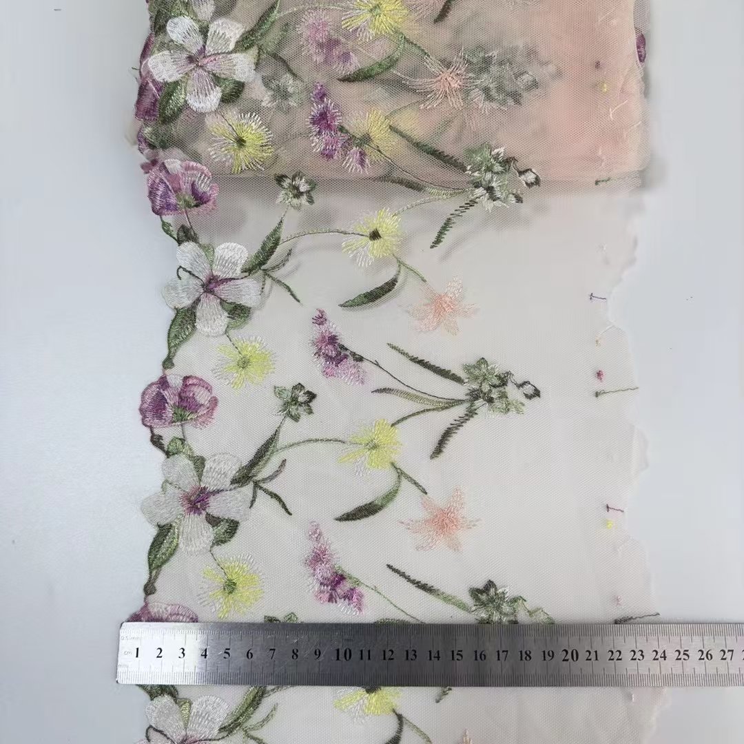 width 22 cm Polyester colorful Tulle Soft embroidery Lace trim Fabric 2 tones flowers lace For bra underwear dress
