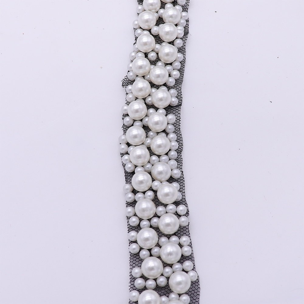 Custom Fashionable Machine Embroidery Pearl Lace Trim Sew On Black Lace Trim For Dress Decoration