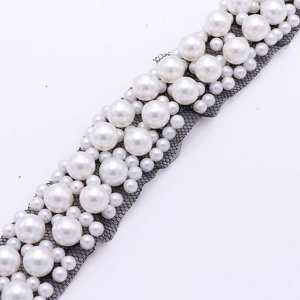 Custom Fashionable Machine Embroidery Pearl Lace Trim Sew On Black Lace Trim For Dress Decoration