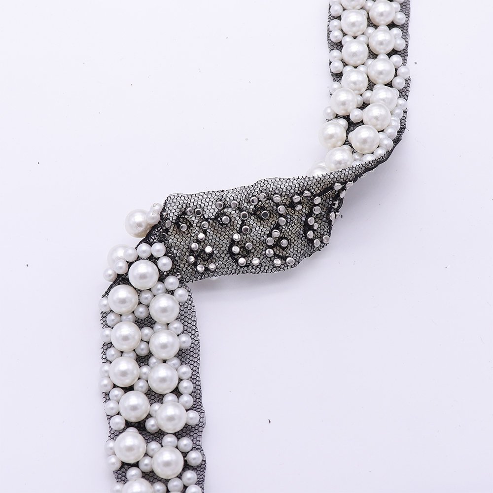 Custom Fashionable Machine Embroidery Pearl Lace Trim Sew On Black Lace Trim For Dress Decoration
