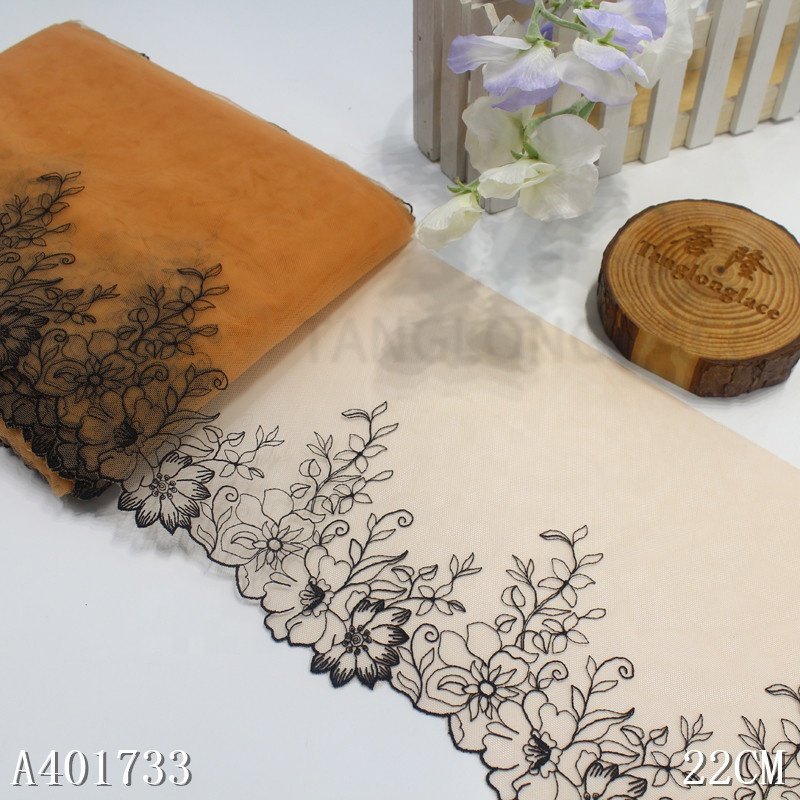 High Quality Embroidery Black Flower Lace Trim From China Factory soft Mesh Embroidered Fabric for Bra