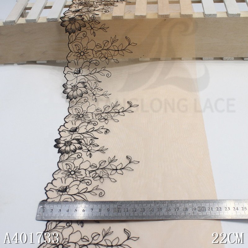 High Quality Embroidery Black Flower Lace Trim From China Factory soft Mesh Embroidered Fabric for Bra