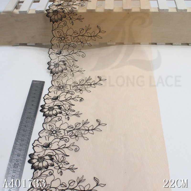 High Quality Embroidery Black Flower Lace Trim From China Factory soft Mesh Embroidered Fabric for Bra
