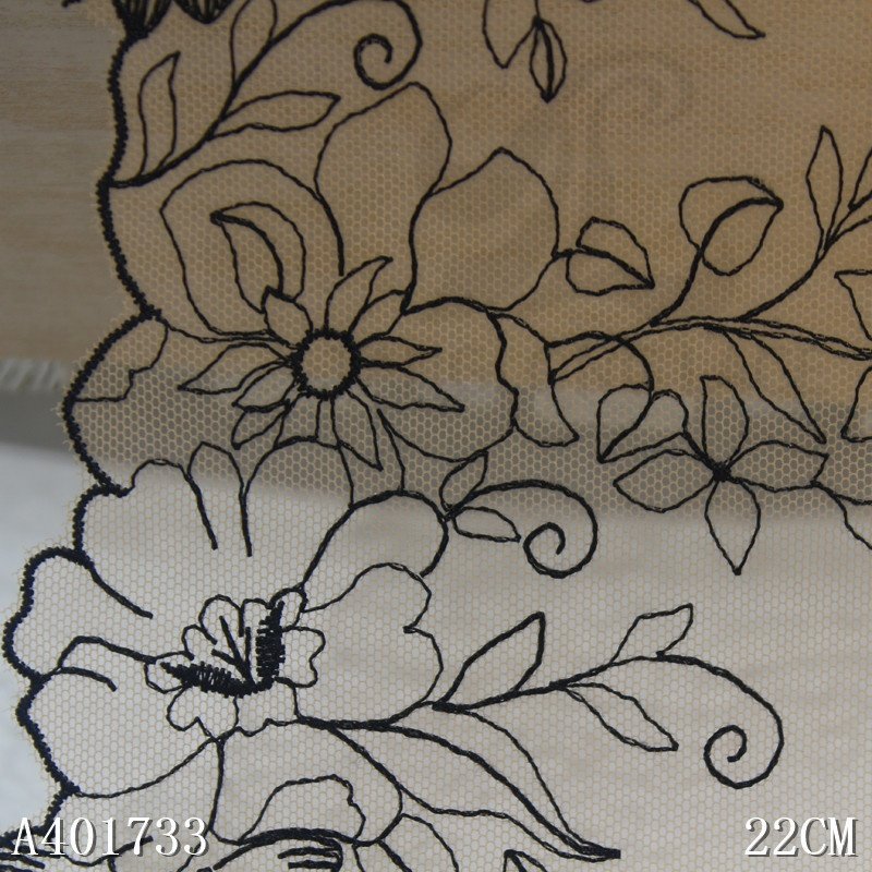 High Quality Embroidery Black Flower Lace Trim From China Factory soft Mesh Embroidered Fabric for Bra