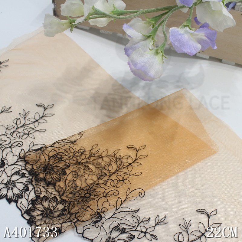 High Quality Embroidery Black Flower Lace Trim From China Factory soft Mesh Embroidered Fabric for Bra
