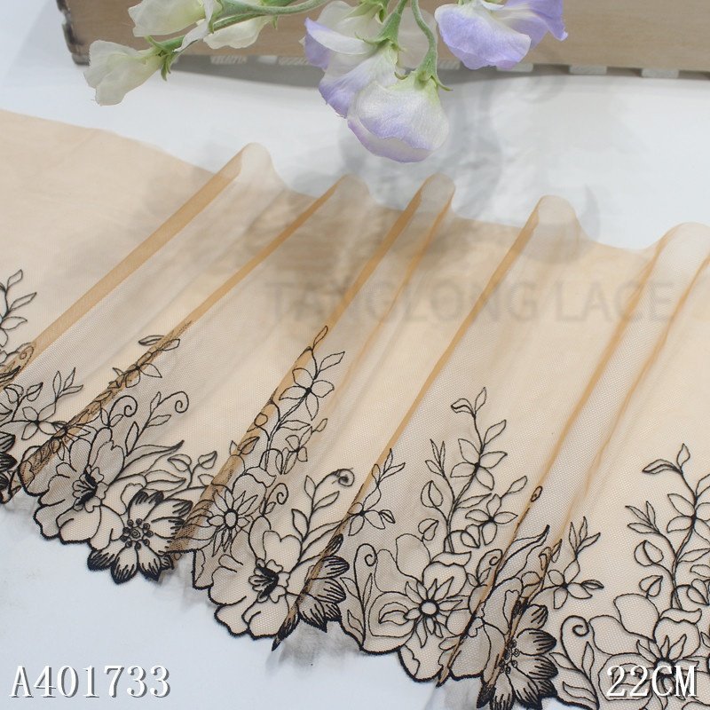 High Quality Embroidery Black Flower Lace Trim From China Factory soft Mesh Embroidered Fabric for Bra