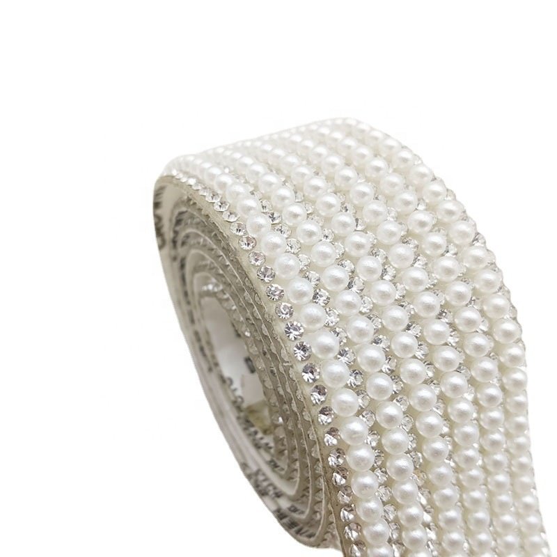 Wholesale self adhesive white rhinestone pearl trim for decoration