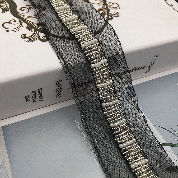 Handmade Custom Glass Bead Lace Trims Pearl Beaded Embroidery Clothes Bags DIY Decorative Net Bottom Mesh Beaded