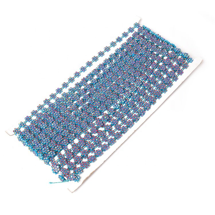 wholesale SS2.5 red AB flower shape crystal rhinestone stone applique blue color ribbon trim for Garment Accessorizing