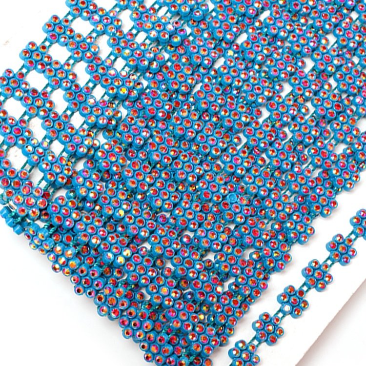 wholesale SS2.5 red AB flower shape crystal rhinestone stone applique blue color ribbon trim for Garment Accessorizing