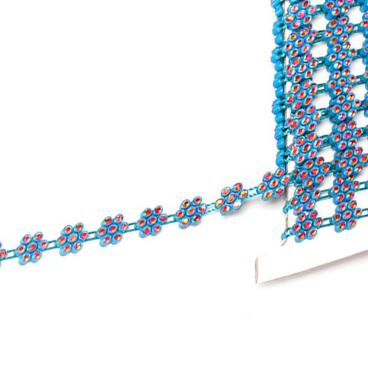wholesale SS2.5 red AB flower shape crystal rhinestone stone applique blue color ribbon trim for Garment Accessorizing