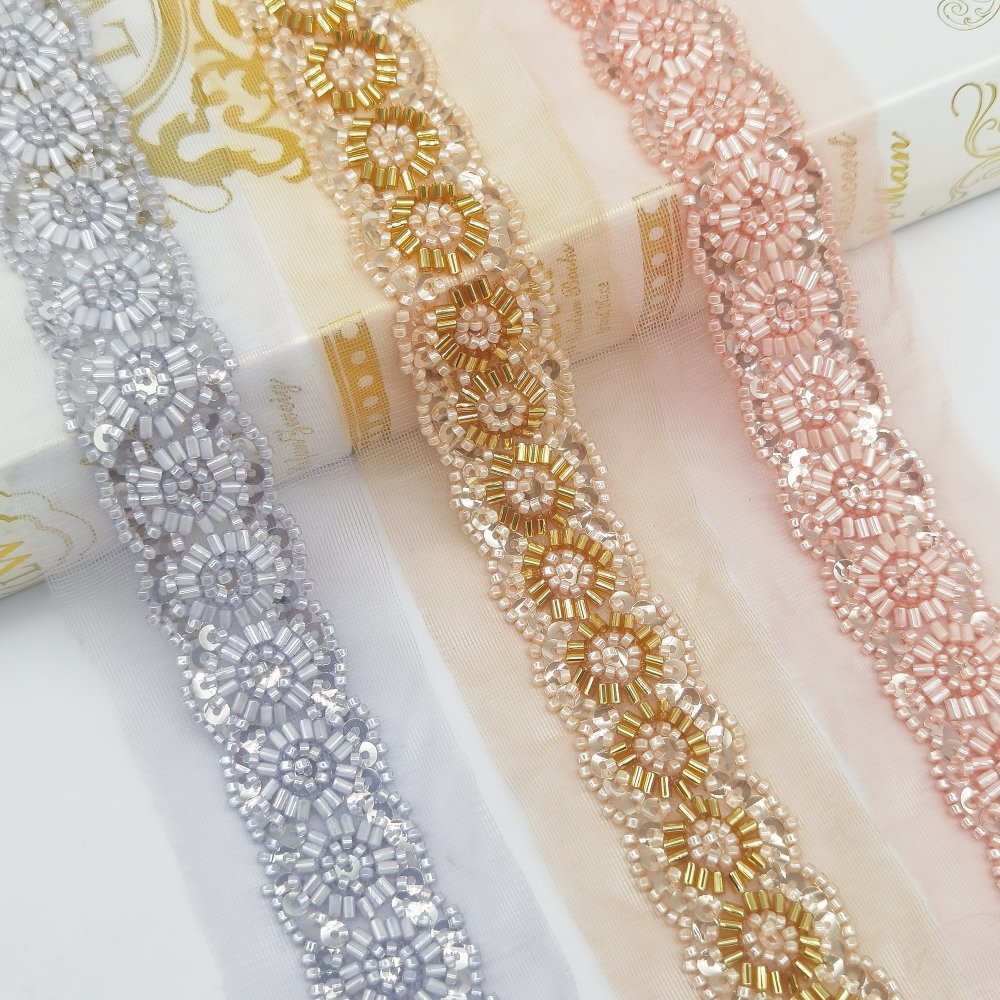 Guangdong Shantou Baoli Chi garment accessories factory free sample Guatemala belt wedding dress bright beads Colorful lace trim