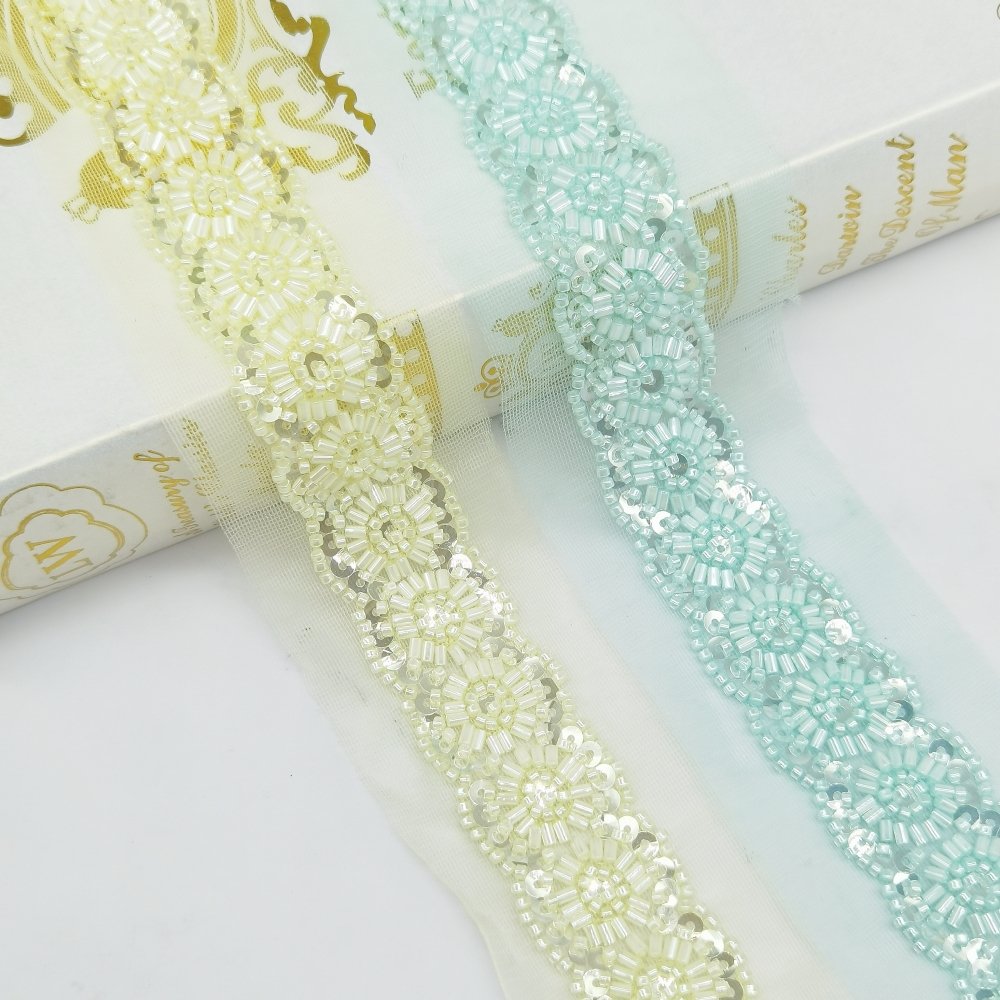 Guangdong Shantou Baoli Chi garment accessories factory free sample Guatemala belt wedding dress bright beads Colorful lace trim