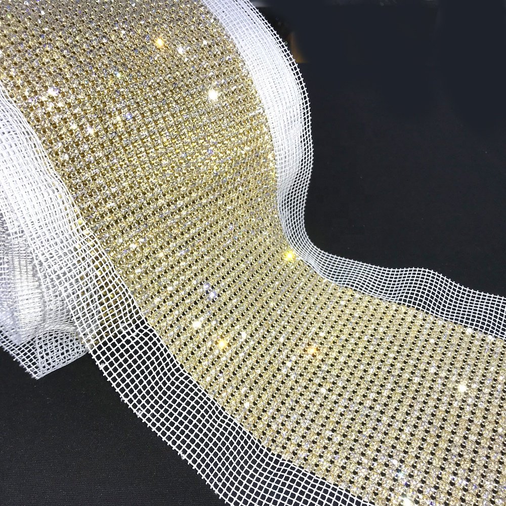 S483 24 Rows gold color sparkly crystal mesh trim bling rhinestone metal mesh trimming for bags shoes cloth