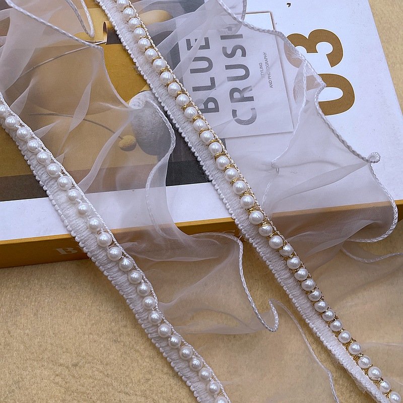 Wholesale high quality Pearl Beaded White and black chiffon ruffle trimming organza pleated ruffle trim