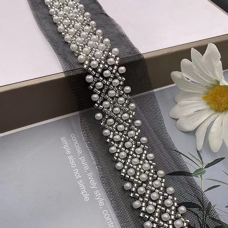 Pearl Beaded Embroidered Rhinestones Applique Braided Lace Ribbon Trim For Wedding Dress