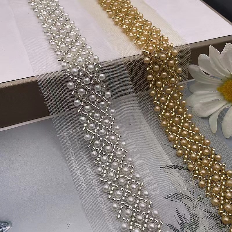 Pearl Beaded Embroidered Rhinestones Applique Braided Lace Ribbon Trim For Wedding Dress