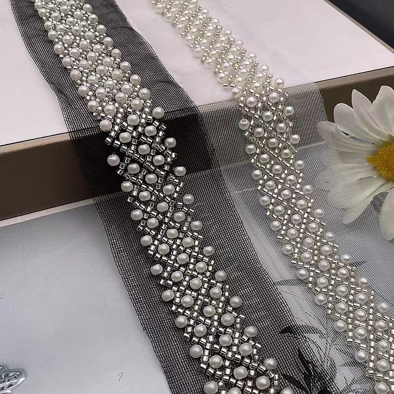 Pearl Beaded Embroidered Rhinestones Applique Braided Lace Ribbon Trim For Wedding Dress