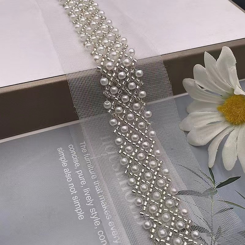 Pearl Beaded Embroidered Rhinestones Applique Braided Lace Ribbon Trim For Wedding Dress