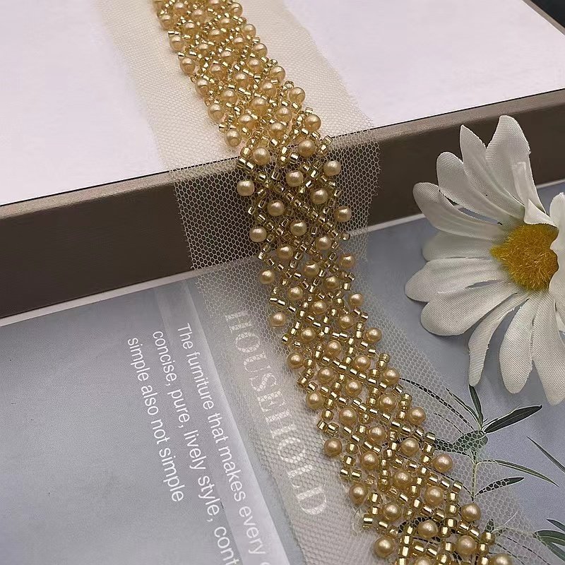 Pearl Beaded Embroidered Rhinestones Applique Braided Lace Ribbon Trim For Wedding Dress