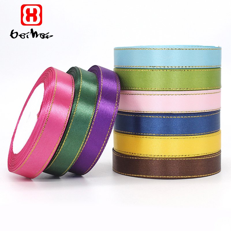 Wholesale 15 mm 100% Polyester Satin Ribbon With Gold Trim on Double Sides Color Ribbons For Wrap