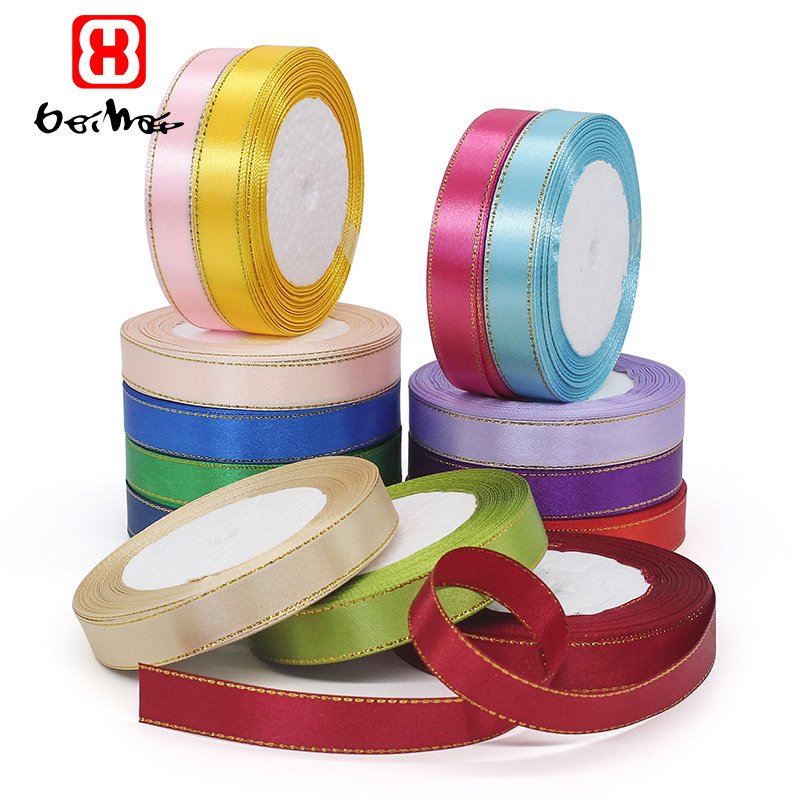 Wholesale 15 mm 100% Polyester Satin Ribbon With Gold Trim on Double Sides Color Ribbons For Wrap