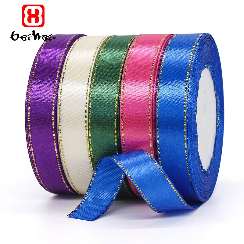 Wholesale 15 mm 100% Polyester Satin Ribbon With Gold Trim on Double Sides Color Ribbons For Wrap