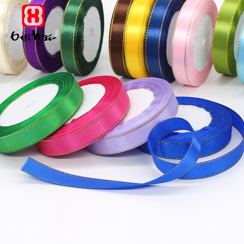 Wholesale 15 mm 100% Polyester Satin Ribbon With Gold Trim on Double Sides Color Ribbons For Wrap