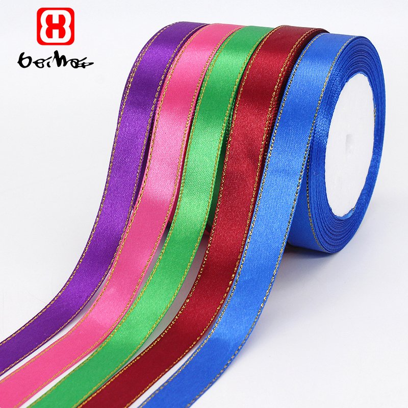 Wholesale 15 mm 100% Polyester Satin Ribbon With Gold Trim on Double Sides Color Ribbons For Wrap