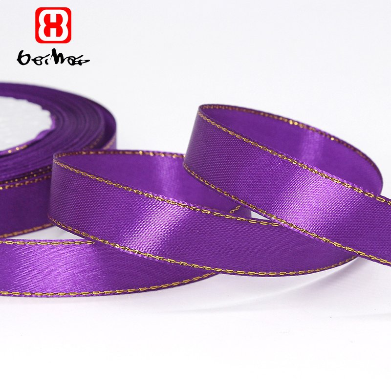Wholesale 15 mm 100% Polyester Satin Ribbon With Gold Trim on Double Sides Color Ribbons For Wrap