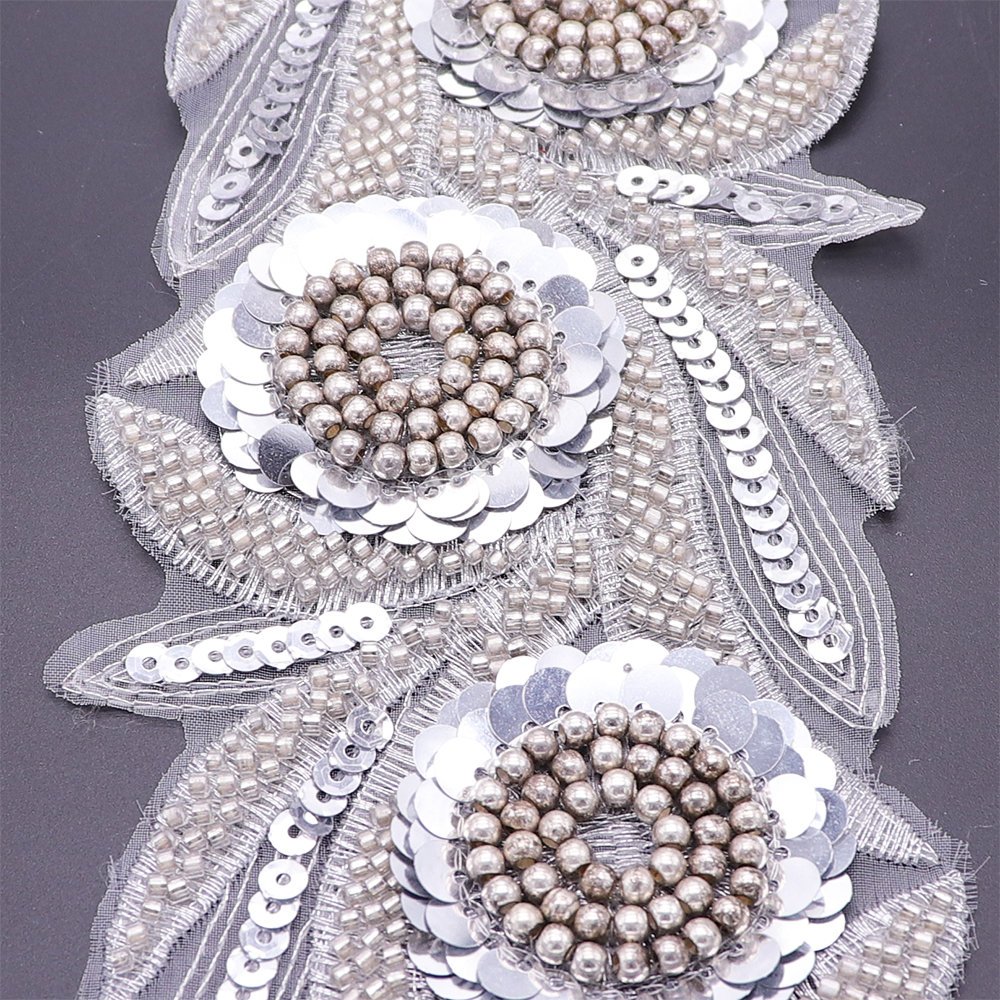 Bulk Sequin Embroidery Lace Trim Machine Embroidery Flower Tape Metallic Silver Color Bridal Lace Trim
