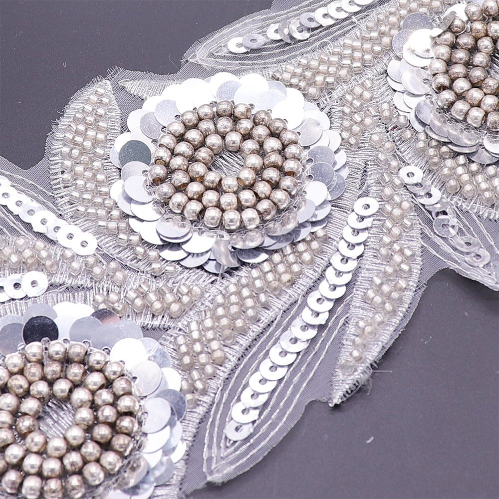 Bulk Sequin Embroidery Lace Trim Machine Embroidery Flower Tape Metallic Silver Color Bridal Lace Trim