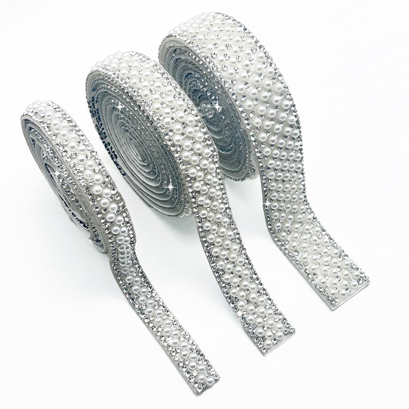 Hot Sale Crystal Rhinestones lace trim Pearl ribbon Bling Adhesive Rhinestone Strip for Clothing collar Curtain dance dress