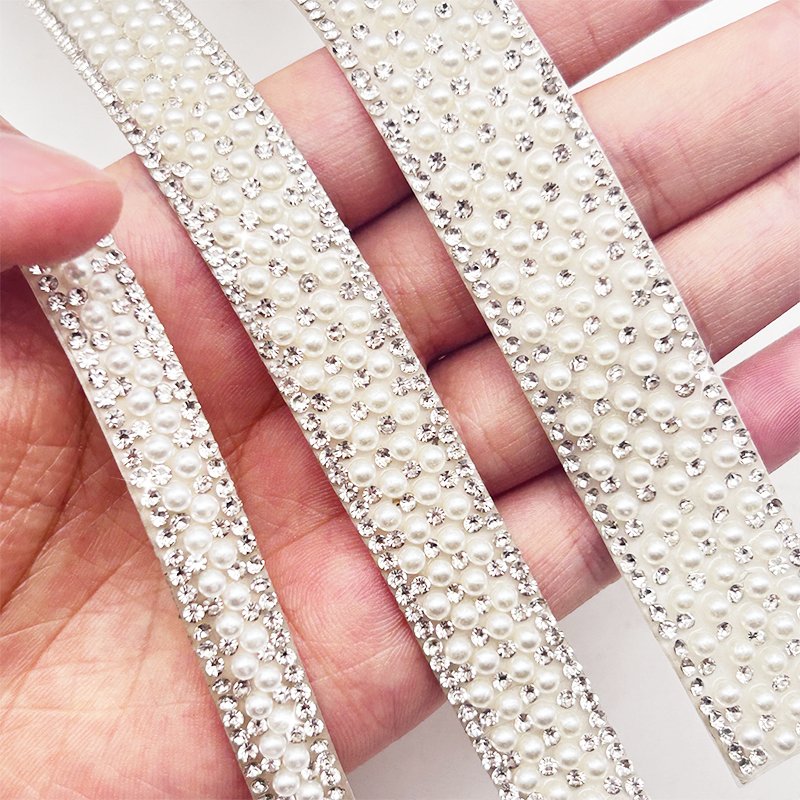 Hot Sale Crystal Rhinestones lace trim Pearl ribbon Bling Adhesive Rhinestone Strip for Clothing collar Curtain dance dress