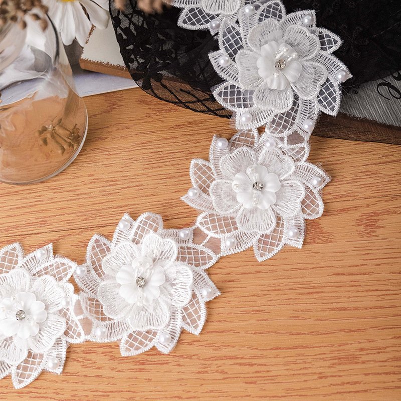 Good Quality 7.5cm Lace Diamond Pearl Decoration Embroidered Flower Beads Lace Fabric Tulle Lace Trim