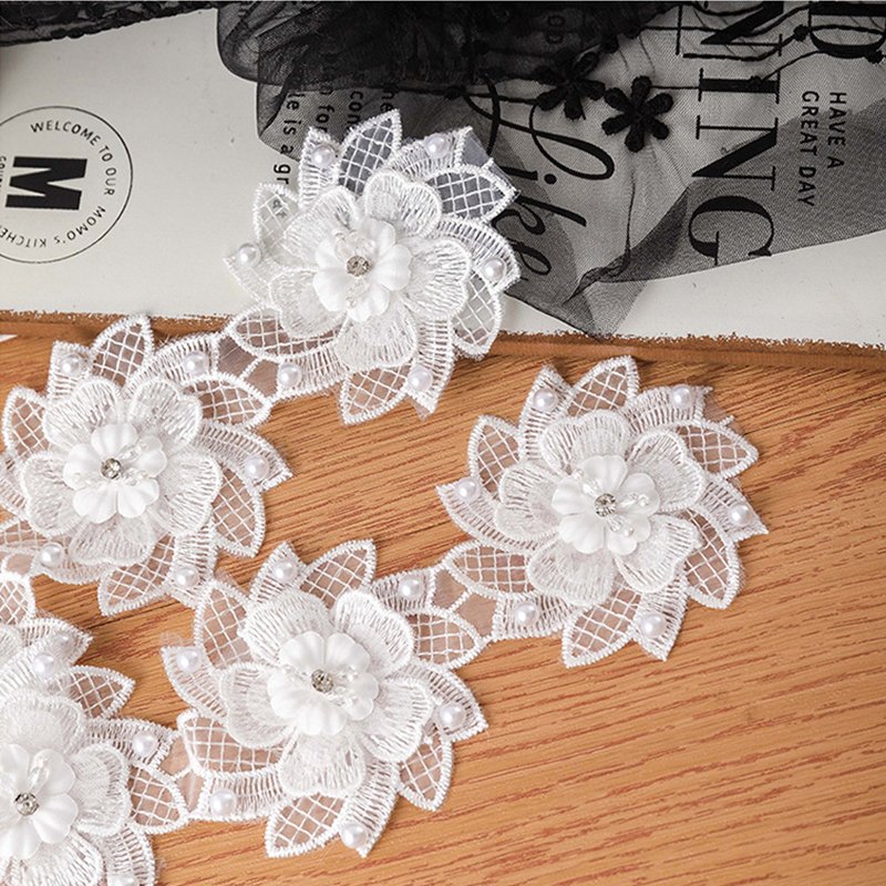 Good Quality 7.5cm Lace Diamond Pearl Decoration Embroidered Flower Beads Lace Fabric Tulle Lace Trim