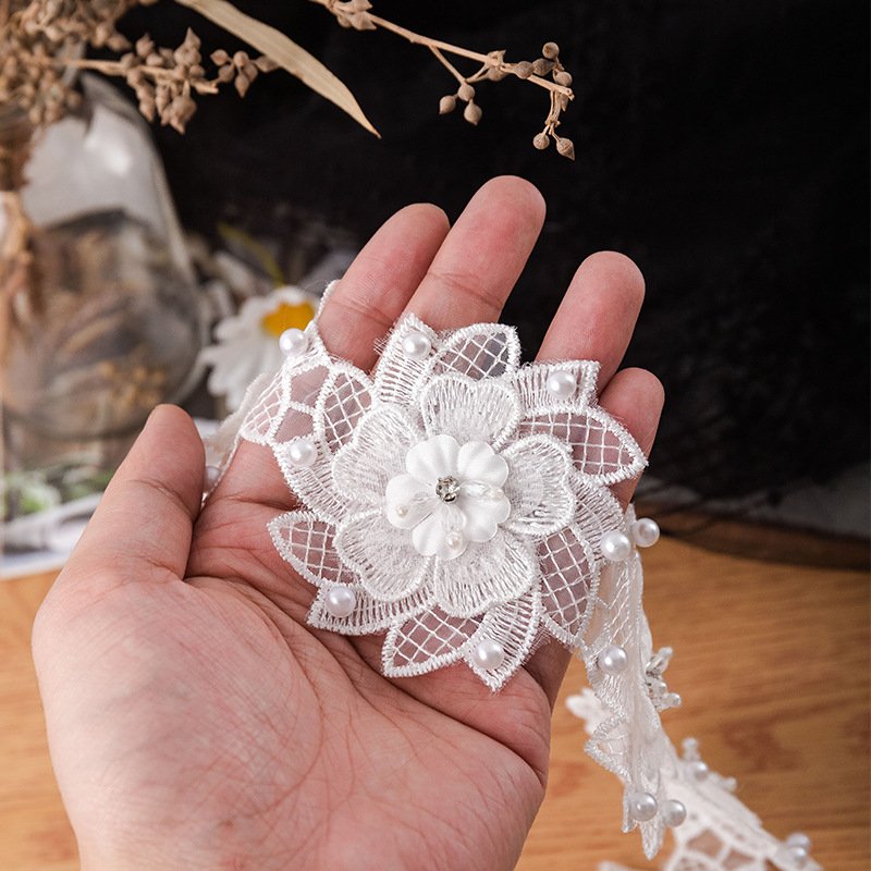 Good Quality 7.5cm Lace Diamond Pearl Decoration Embroidered Flower Beads Lace Fabric Tulle Lace Trim