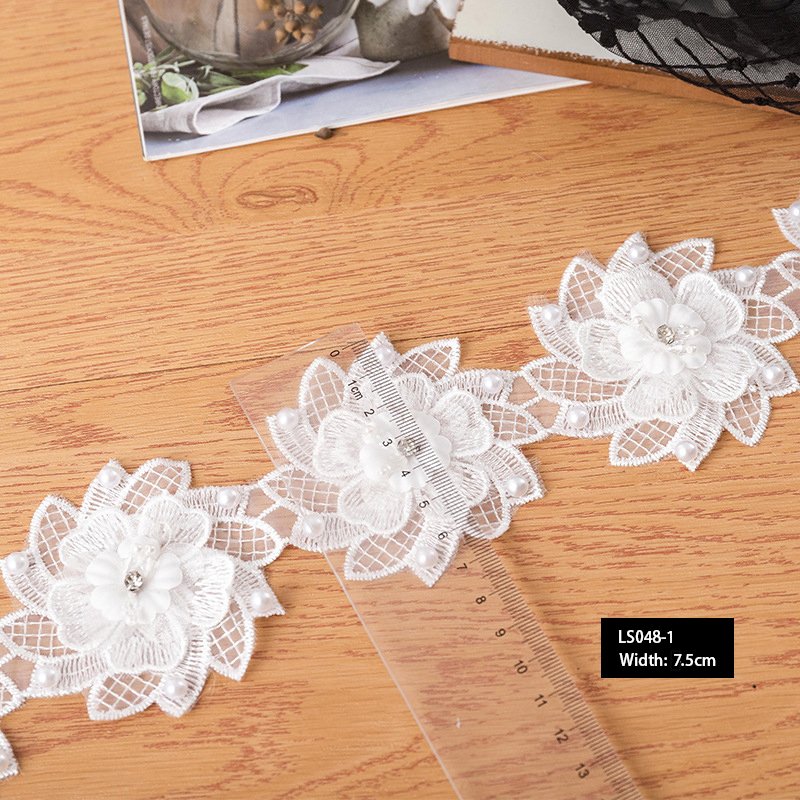 Good Quality 7.5cm Lace Diamond Pearl Decoration Embroidered Flower Beads Lace Fabric Tulle Lace Trim