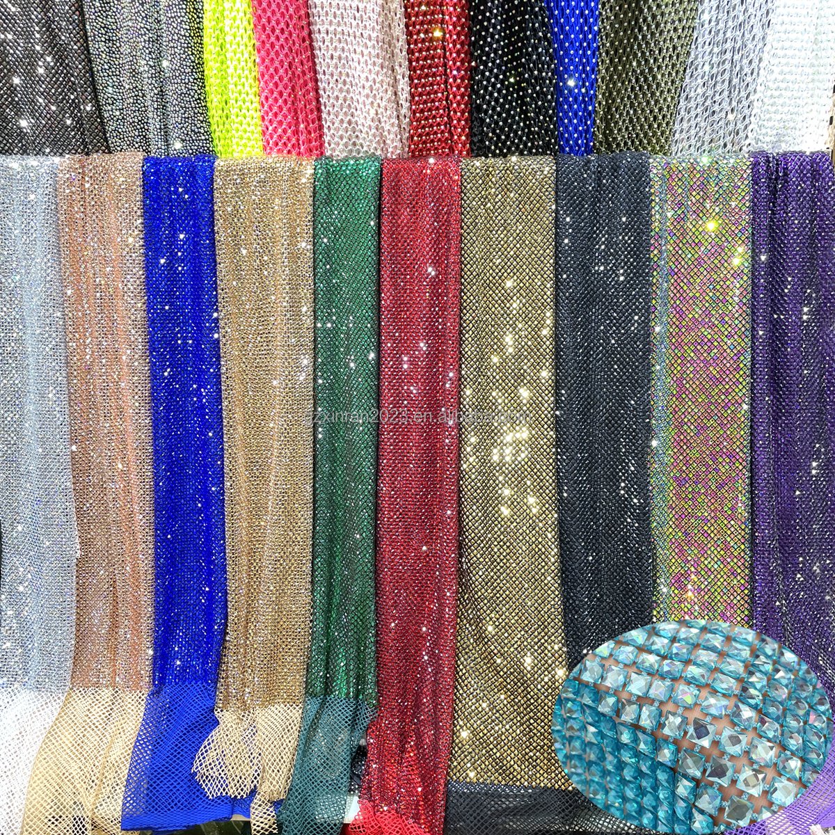 SH005 Custom Luxury 8mm big red rhinestone mesh trim Crystal stretch mesh fabric for clothing