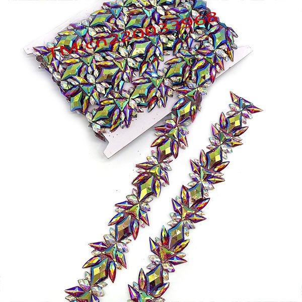 Factory iron on diamante trim hot fix AB yellow red blue carnival rhinestone trimming with gem for bikini craft decoration