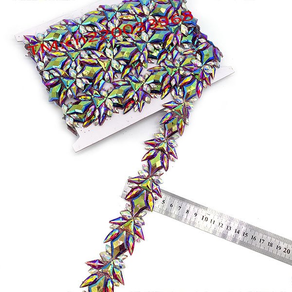 Factory iron on diamante trim hot fix AB yellow red blue carnival rhinestone trimming with gem for bikini craft decoration