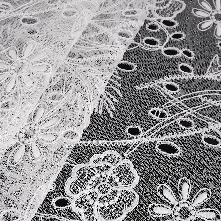 Wedding Lace Dress Fabric Bridal Floral Embroidery Tulle Lace Lace Trim 2024 Hot Sales French White