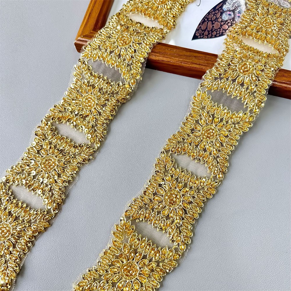 AFFINITY custom luxury gold sequin ribbon embroidery beaded lace trim for dress garment clothing accessories robe marriage abaya
