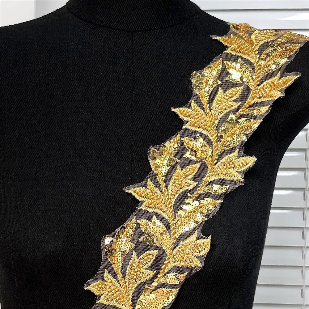 AFFINITY custom luxury gold sequin ribbon embroidery beaded lace trim for dress garment clothing accessories robe marriage abaya